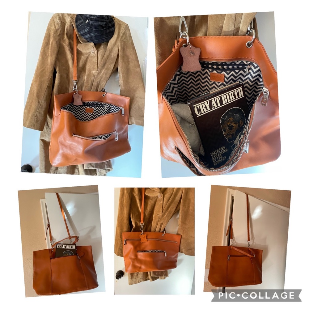 Tabacco Brown unique CoLab crossbody leather Tote/purseLG beautiful.Chevron ln.